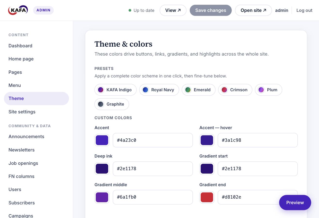 The theme and colors editor with presets and custom color pickers.