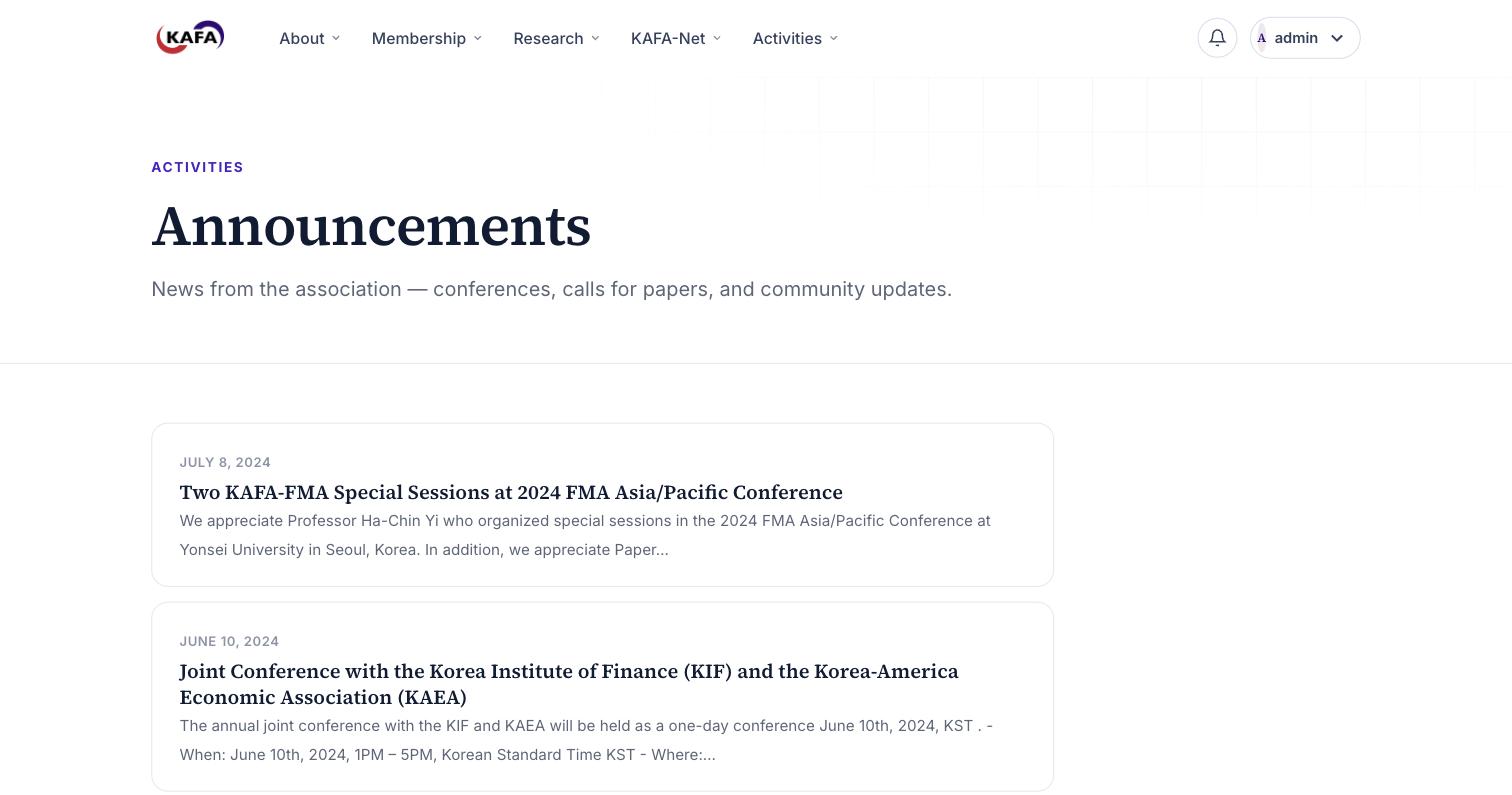 The Announcements page listing dated news items such as KAFA-FMA Special Sessions and a joint conference with the Korea Institute of Finance.