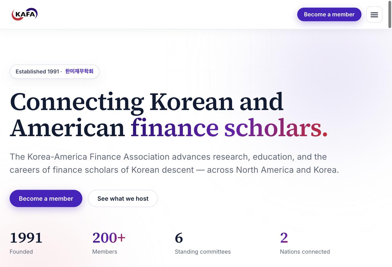 The KAFA homepage: a serif headline reading Connecting Korean and American finance scholars, with membership call and key stats.